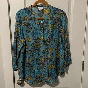 Liz Claiborne Teal and Yellow Paisley Blouse 3/4 sleeve with button detail
